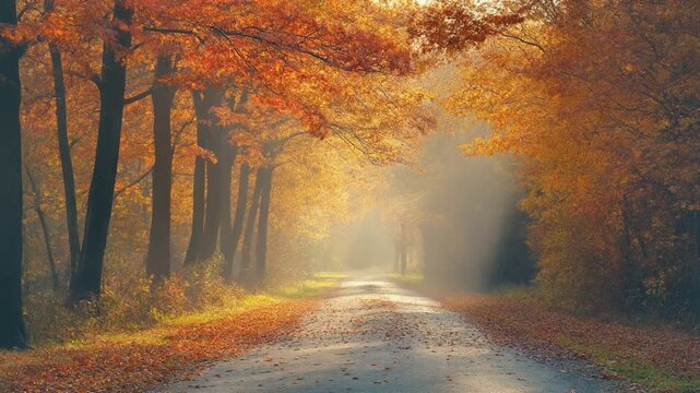 A serene autumnal forest road with vibrant foliage and misty atmosphere viewed from a straight road