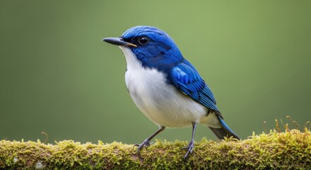 Obraz premium Close-Up of Vibrant Blue Bird Perched on Mossy Branch. Small Blue Bird with White Underparts on Natural Perch. Detailed Bird Photography of Colorful Avian on Moss.
