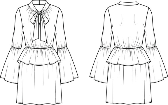Professional fashion technical sketch of a women's mini dress featuring long bell sleeves a bow tie neckline peplum waist and gathered skirt details.