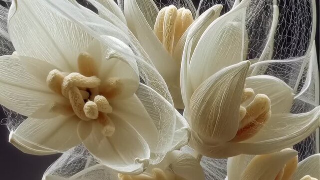Extreme macro shot of fine fiber structure in white flowers on a dark background in 1080p video