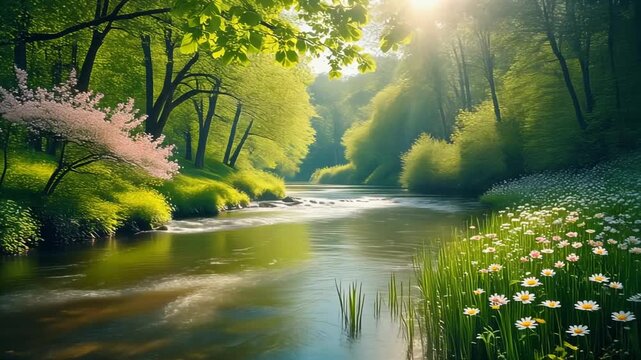 Serene river flowing gently through lush forest with vibrant flowers and trees surrounding it, a peaceful scene from a nature viewpoint
