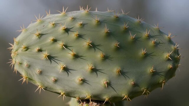 Close up photograph of a prickly pear cactus pad showing many spines
