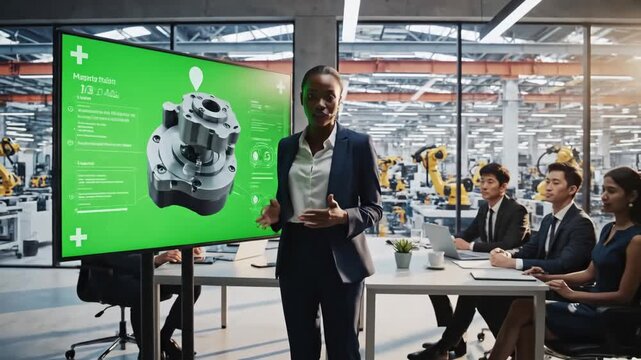 Green Screen modern industrial factory meeting confident female engineer uses interactive mock up whiteboard makes report to a group of engineers managers scene 3 with distortion, overlay, glitch