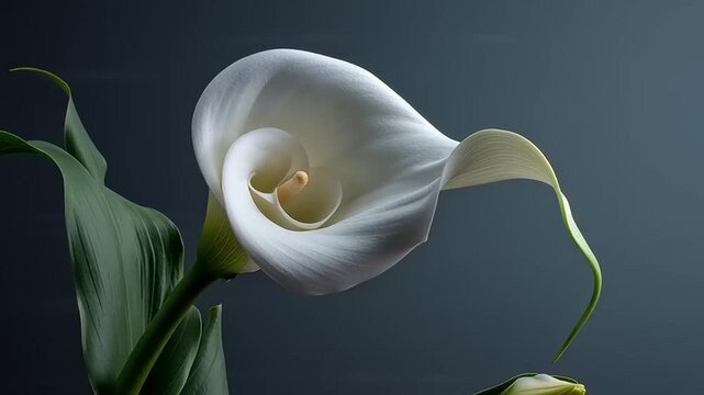 A serene close-up shot of a white calla lily flower in bloom, curving elegantly against a soft, dark background