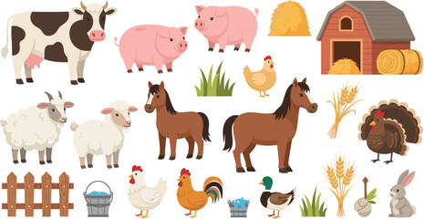 Farm Domestic Animals Cartoon Vector Collection with Cow, Pig, Sheep, Horse, Chicken, Turkey, Duck and Barnyard Farming Elements