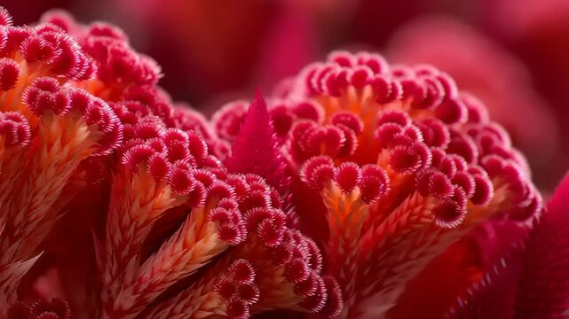 Extreme close-up of red Celosia flowers in full bloom, showcasing intricate details and vibrant colors in a macro photography style