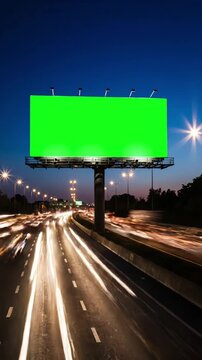 Green Screen 4k advertising billboard on sidelines of expressway with traffic at evening time lapse scene 1 distortion, overlay, glitch, static noise, scan lines black background, animated video loop