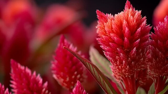 Macro shot of red celosia flowers in bloom, vibrant petals and delicate texture in a garden setting