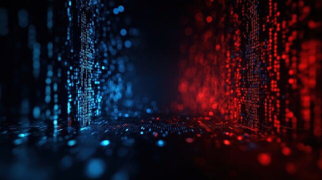 Digital binary code streams in red and blue create a futuristic, immersive data tunnel with a glowing, holographic effect.