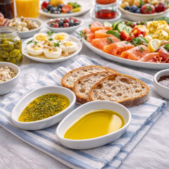 Mediterranean breakfast table with olive oil and fresh appetizers