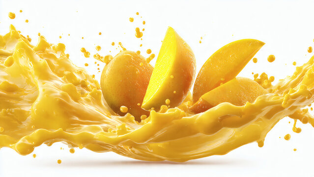 3D splash of mango smoothie with fresh ripe mango and mango slices flying in liquid motion, vibrant tropical fruit juice texture, glossy yellow splash wave with droplets