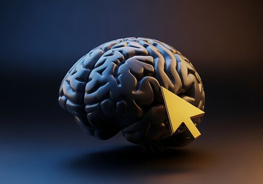 3D illustration of a human brain with a yellow computer mouse cursor pointer on it  symbolizing internet browsing and online thoughts