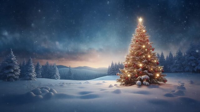 A serene winter landscape with a solitary Christmas tree illuminated in a snowy field under a starry night sky