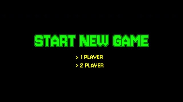 8 bit video game menu with player select options suitable for gaming websites, app interfaces, or nostalgic design projects.