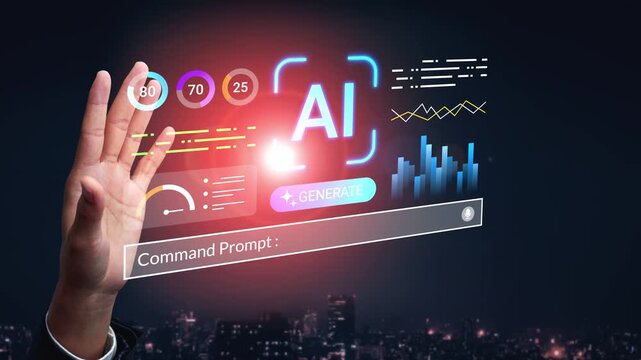 Futuristic Hand Interacting with AI Interface and Command Prompt in a Night Cityscape, Digital Data and Graphs in Background, Technology Concept Gluon.