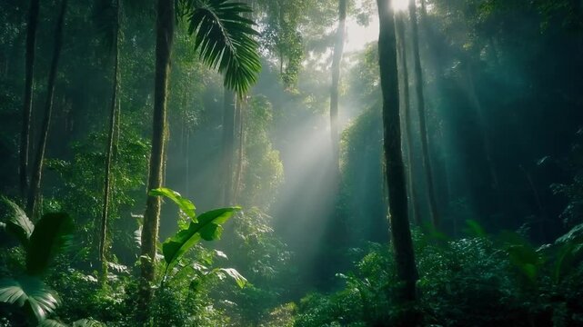 Sunlight filtering through the dense forest canopy, illuminating lush greenery in a serene jungle environment from a ground-level viewpoint