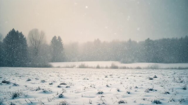 Snowflakes gently falling on a serene winter landscape with trees and a frozen field viewed from a distance