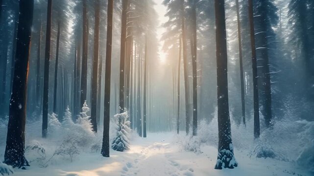 Snow-covered forest with tall trees and misty atmosphere, serene winter landscape scene from a central viewpoint