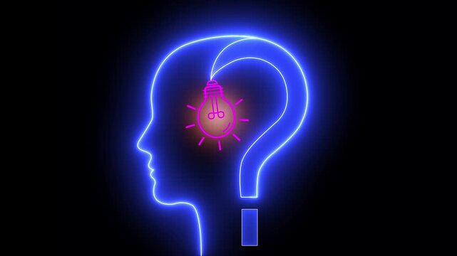 Glowing blue neon outline of a human head profile with a bright pink light bulb inside and a large question mark symbol representing creative ideas, mind and logic