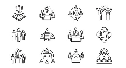 Group of diverse people in a collaborative conference icon set demonstrating discussion and teamwork.