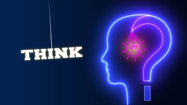 Think text sign swinging besides a glowing neon blue human head profile with a pink light bulb and question mark representing brainstorming and creative ideas