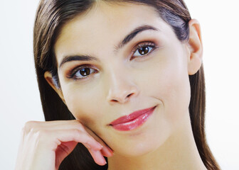 Fototapeta premium Makeup, smile and portrait of woman in studio with facial self care, health and confidence. Happy, cosmetics and female person with face cosmetology for glow or wellness by white background.