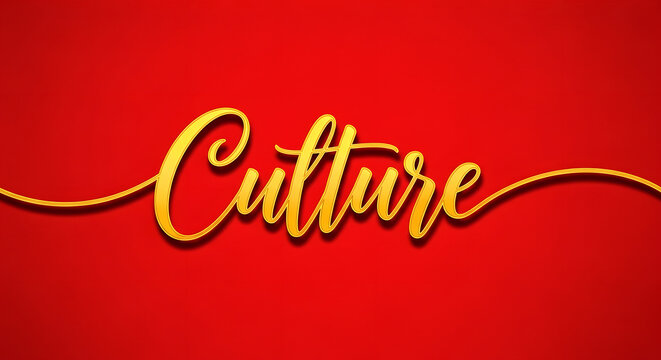 Elegant gold script lettering of the word Culture on a textured red background