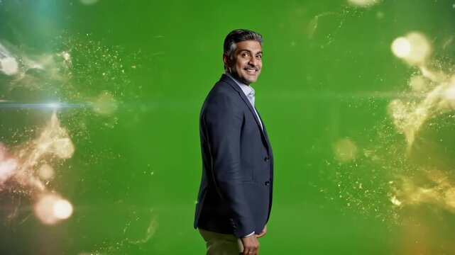 Green Screen fascinated and impressed business man looking up around turning shopping sales full length on chroma key background scene 1 with distortion, overlay, glitch, static noise, scan lines