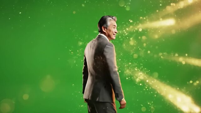 Green Screen fascinated and impressed business man looking up around turning shopping sales full length on chroma key background scene 3 with distortion, overlay, glitch, static noise, scan lines