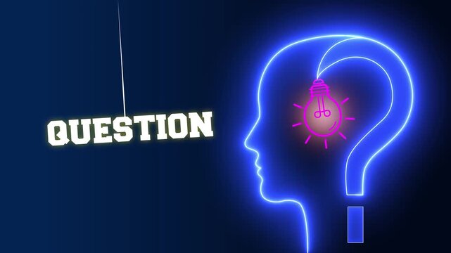 Question text sign swinging besides a glowing neon blue human head profile with a pink light bulb and question mark representing curiosity and seeking knowledge