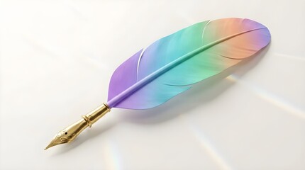 Elegant pastel rainbow feather quill pen with a golden fountain nib on a bright white background