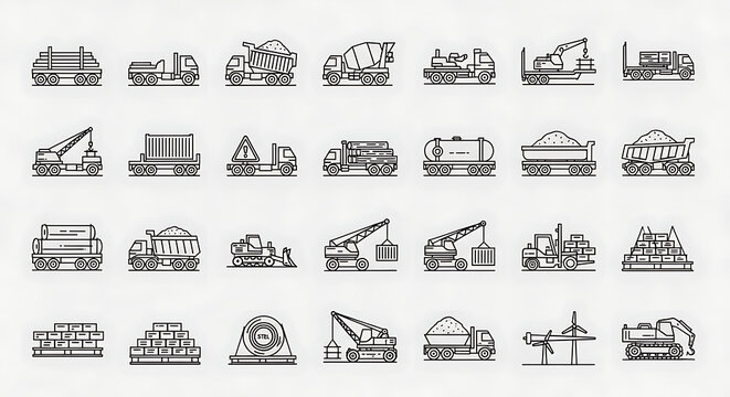 Construction Heavy Haulage Delivery Icon Set - 20 Flatbed Dump Crane Machinery Transport Symbols on Concrete Grey - Industrial Logistics Collection