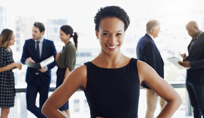 Obraz premium Portrait, businesswoman and people in lobby with conference, finance job or workshop for development. Happy, person and group in convention center with pride, corporate training or accounting career.