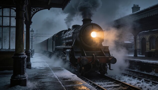 Vintage train at the station: A nostalgic image of a vintage steam train billowing smoke as it arrives at a snow-covered railway station, evoking the charm of a bygone era.