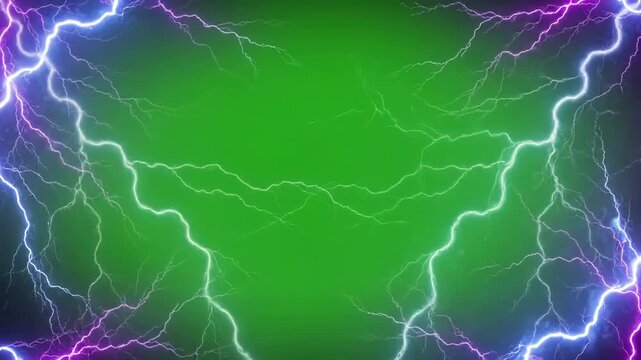 Green Screen seamless looping lightning neon energy frame background or border on scene 4 with distortion, overlay, glitch, static noise, scan lines black background, 4k animated video loop