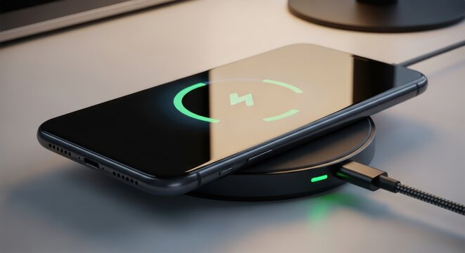 Smartphone receiving wireless charge on desktop with charging symbol illuminated green