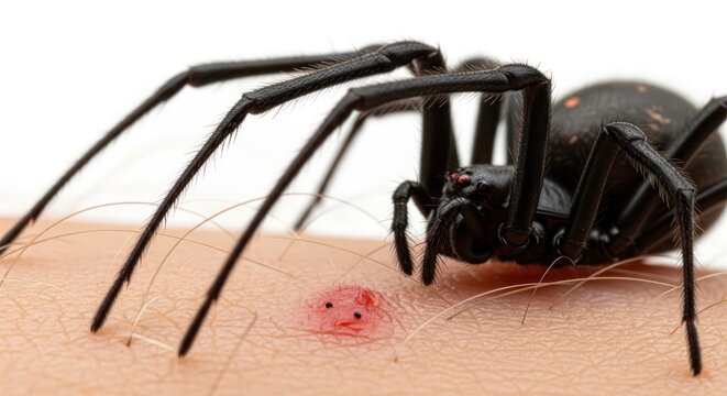 Venomous encounter macro close up highlighting a black widow spider biting human skin