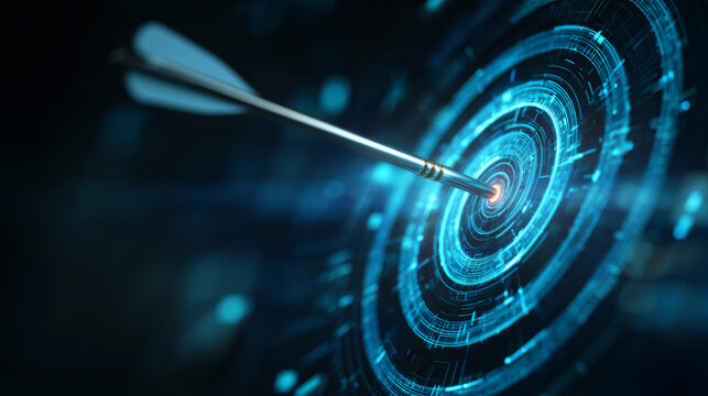 Digital target arrow blue cyber dartboard business goal marketing strategy success precision aim data concept glowing technology focus digital