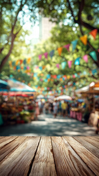 Summer fair wooden table outdoor market colorful bunting festival blurred background sunny day street food celebration cheerful atmosphere