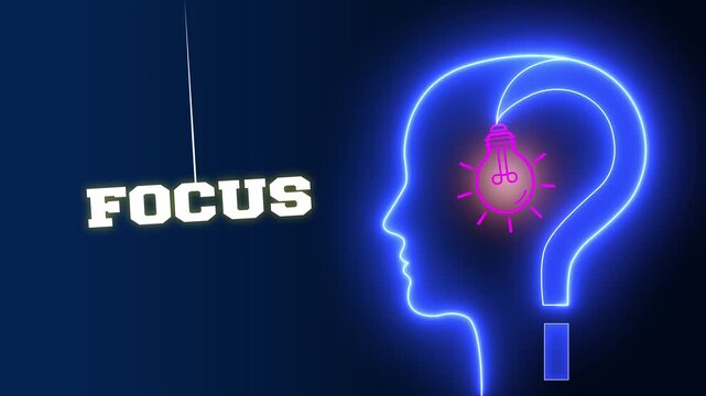 Focus text sign swinging besides a glowing neon blue human head profile with a pink light bulb and question mark representing concentration and clear mental vision