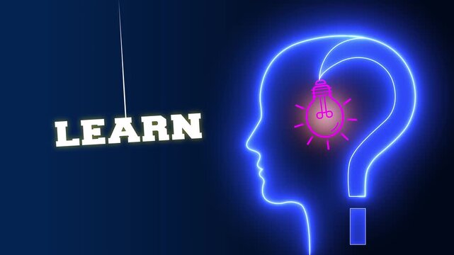 Learn text sign swinging besides a glowing neon blue human head profile with a pink light bulb and question mark representing education and gaining new knowledge