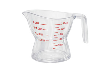 Clear plastic measuring cup with red markings for cooking and baking