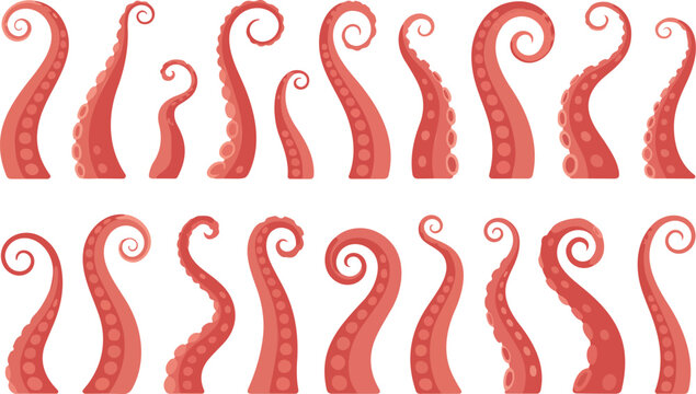 Red octopus and squid tentacle vector set with curled arms and suckers isolated for sea monster marine designs