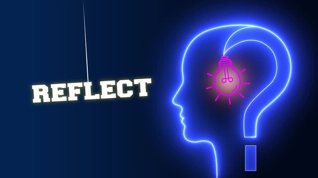 Reflect text sign swinging besides a glowing neon blue human head profile with a pink light bulb and question mark for deep mental reflection and creative ideas
