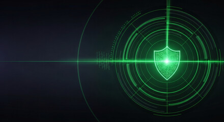 Obraz premium Futuristic cybersecurity concept with glowing green shield and digital radar interface on dark background
