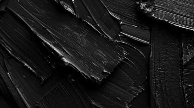 Black acrylic paint brush stroke macro texture with thick pigment layers and strong brush bristle marks. Realistic macro photography for bold creative backgrounds