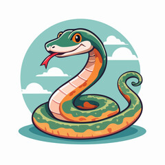 Obraz premium Cute green cartoon snake with tongue out in blue sky