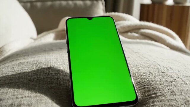 Mobile Device Focus with woman at home lying on a sofa and using smartphone green mock up screen in vertical mode girl browsing internet watching content videos blogs pov distortion, overlay, glitch