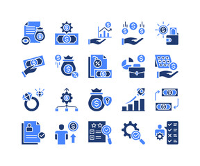Financial Strategy Icon Collection,  featuring Investment Plan, Cash Flow, Loan Service, Debt Control, Dividend Income, Financial Strategy, Management System.