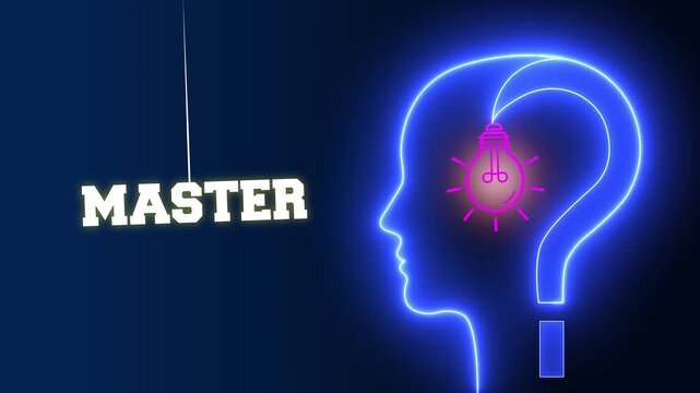 Master text sign swinging besides a glowing neon blue human head profile with a pink light bulb and question mark for reaching expert level and mental mastery